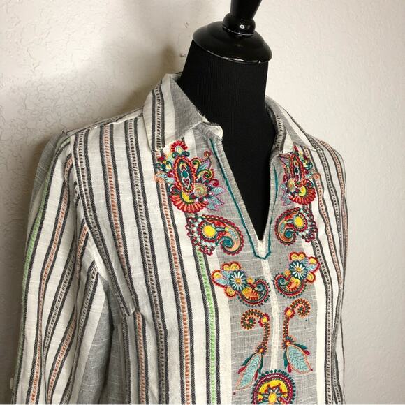 Soft Surroundings black white striped embroidered popover tunic top Petite Small - Picture 3 of 15